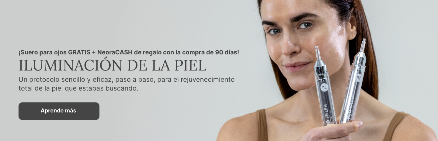 A woman holds a Neo-FILLER tube to her face. Accompanying text mentions you can more learn more about a 90-Day Skin Glow-Up.